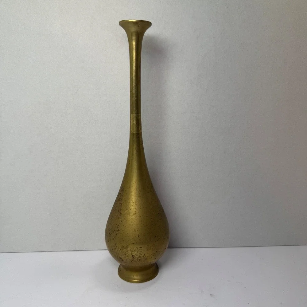 Vintage Solid Brass Bud Vase Tall Neck Teardrop Shape Decorative Accent‎ MCM EUC